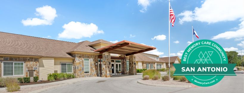 Picture of Entrance to San Antonio with Best Memory Care Community Graphic